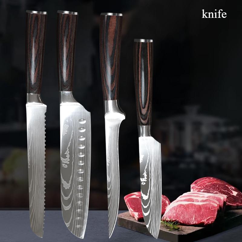 5pcs Sharp Damascus Pattern Professional Kitchen Knives Butcher Knife Bread Knife Hand-forged Stainless Steel Fruit Knife