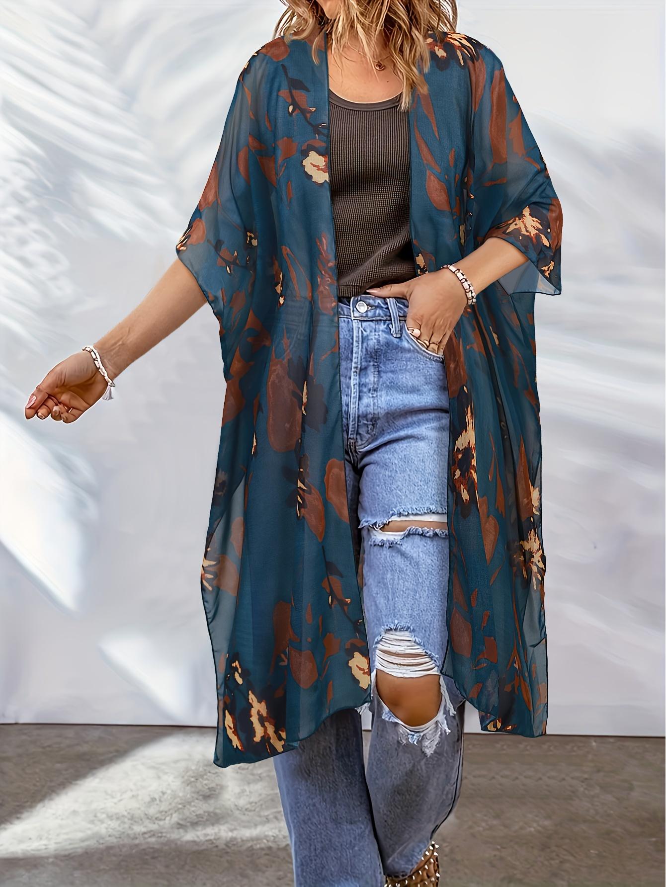 

Женский шифоновый кардиган-кимоно с цветочным принтом, солнцезащитная накидка с открытым передом, повседневный стиль для отпуска, синий с рисунком в виде осенних листьев One-size темно-синий