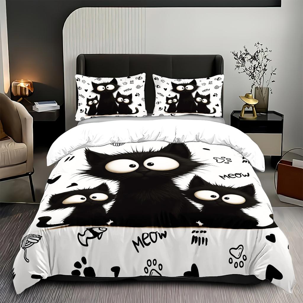 3pc Black Cat Printed Bedding Set with Coreless Soft and Comfortable Multi Size Machine Washable 1 Duvet Cover+2 Pillowcases