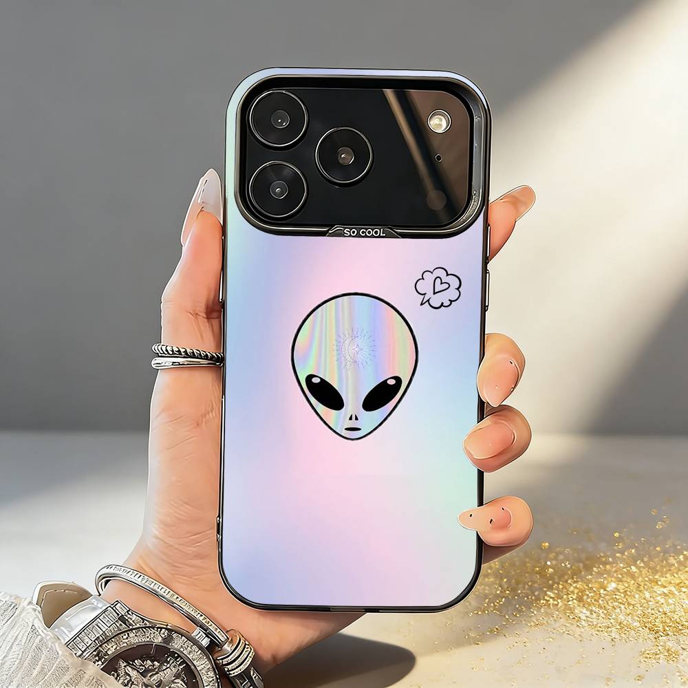 Cartoon S-Space A-Alien UFO Phone Case For iPhone17,16,15,14,13,12,11,Pro,MAX Gray Matte Silicone Black Cover