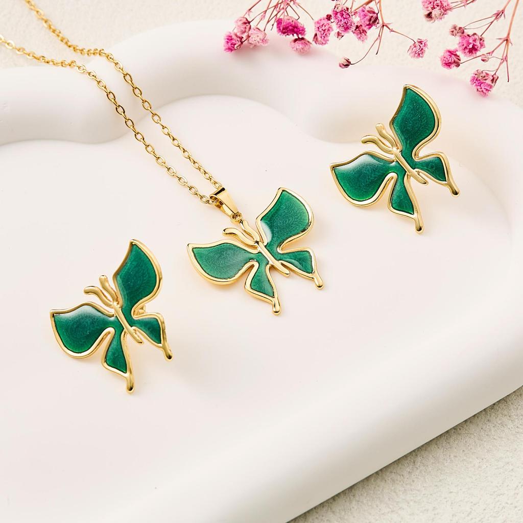 Vintage Retro Enamel Butterfly Stud Earrings & Necklace - French Court Style