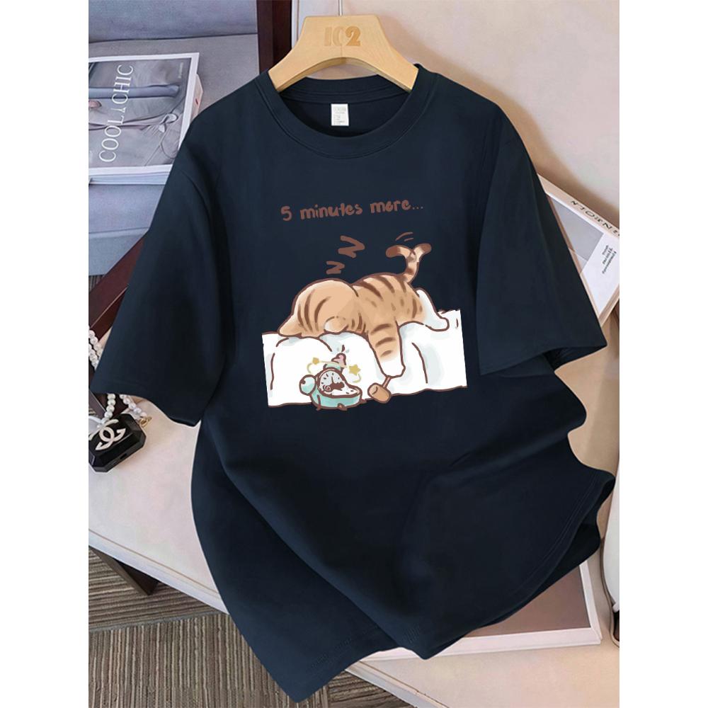 

Women T-Shirt Cotton Summer The Cat That Always Wants To Sleep Pattern Prints T Shirt O-Neck Soft Loose Tops Basic Woman Clothes XL