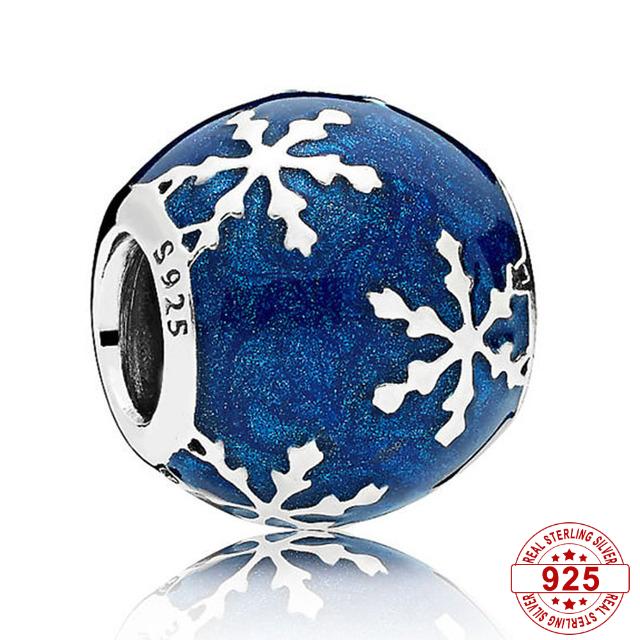 Wintry Delight Snowflake Ball Blue Swirls Pearlescent Dreams Charm S925 Sterling Silver Beads Fit Bracelet DIY Jewelry