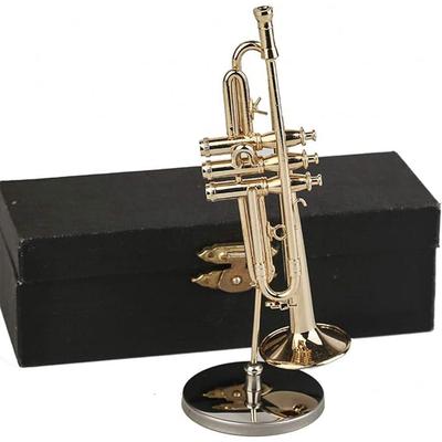 Bakır Minyatür Trompet Standı ve Kılıfı ile Mini Müzik Aleti Minyatür Kopya Model Mini Trompet Ev Süsü