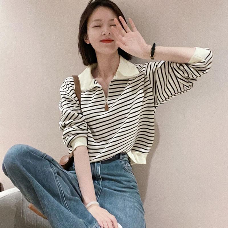 Striped sweater spring new women's sweater bottoming shirt design olo lapel loose and thin