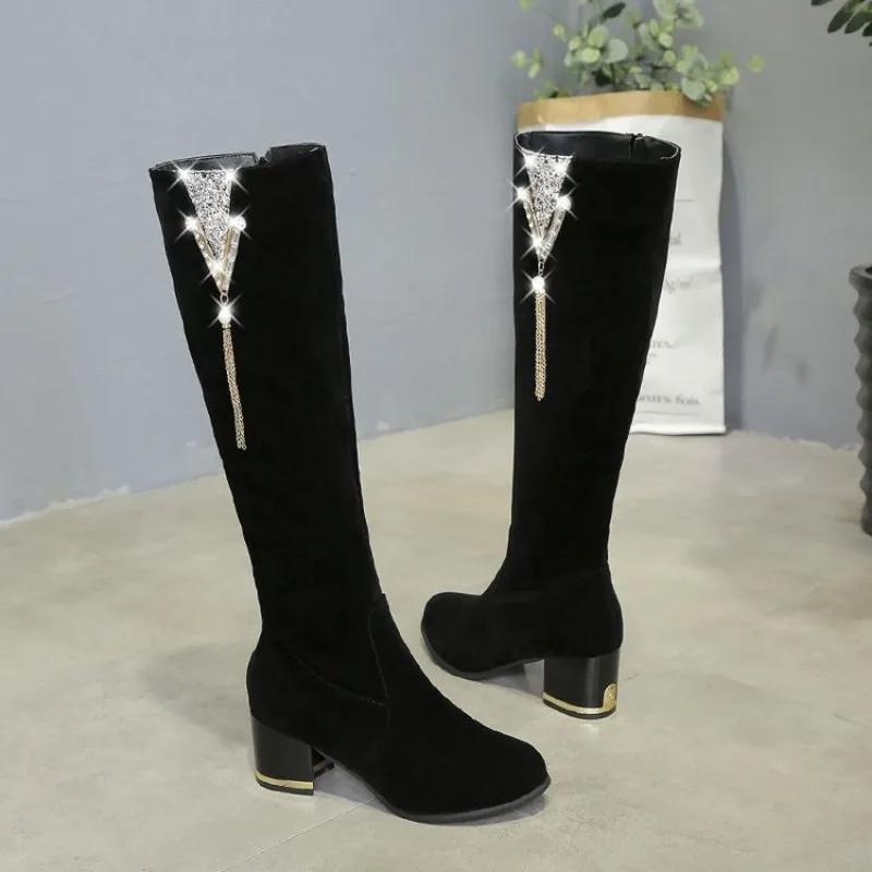 2024 Women High-heeled Shoes Winter New Women's Long Boots 2024 Rhinestone Thick-heeled Knee-high Boot Side Zipper Knight Boot