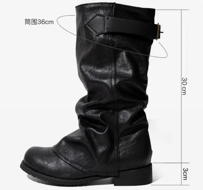 Fashion Women's Belt Buckle Pleated Loose Boots Black Thick Heel Retro Long Trousers Boots 2025 Winter Fashion Flats Knee-High Boots