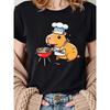 Womens White Short Sleeve T-Shirt Cute Guinea Pig Chef BBQ Graphic Print Short Sleeved Harajuku Tops