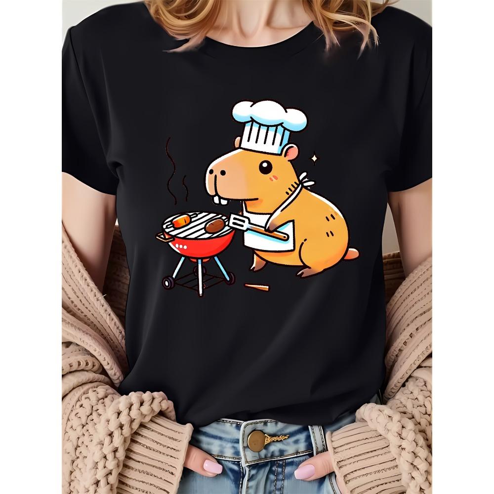 Womens White Short Sleeve T-Shirt Cute Guinea Pig Chef BBQ Graphic Print Short Sleeved Harajuku Tops