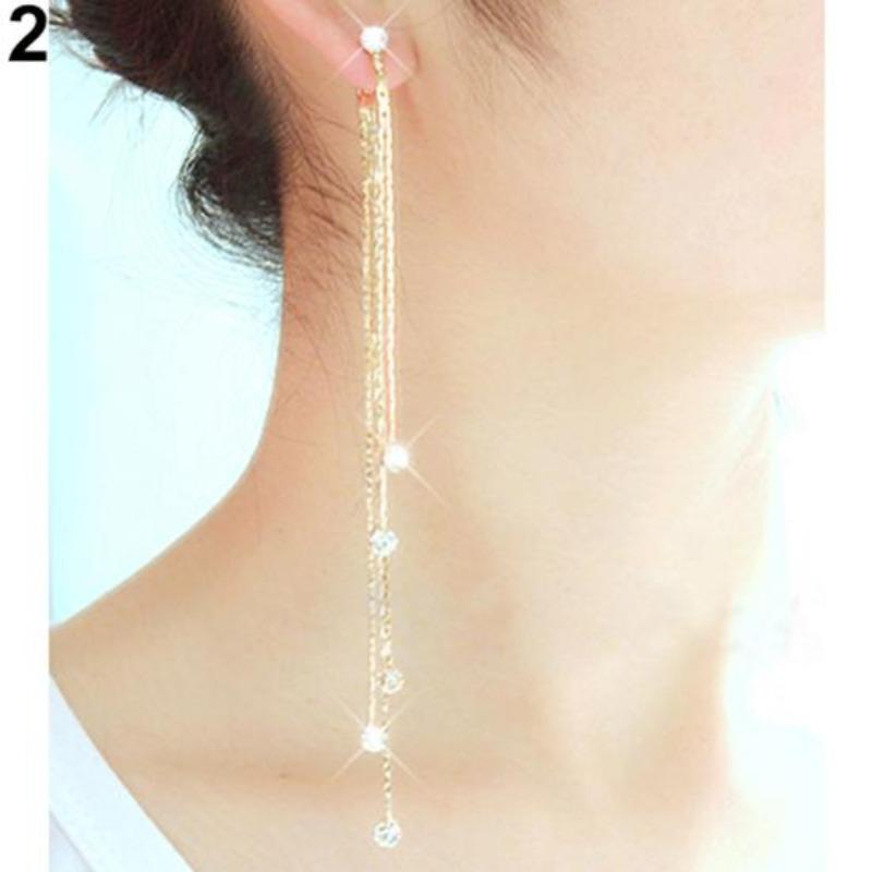 Women's Rhinestone Super Long Tassels Drop Dangle Cocktail Party Linear Earrings