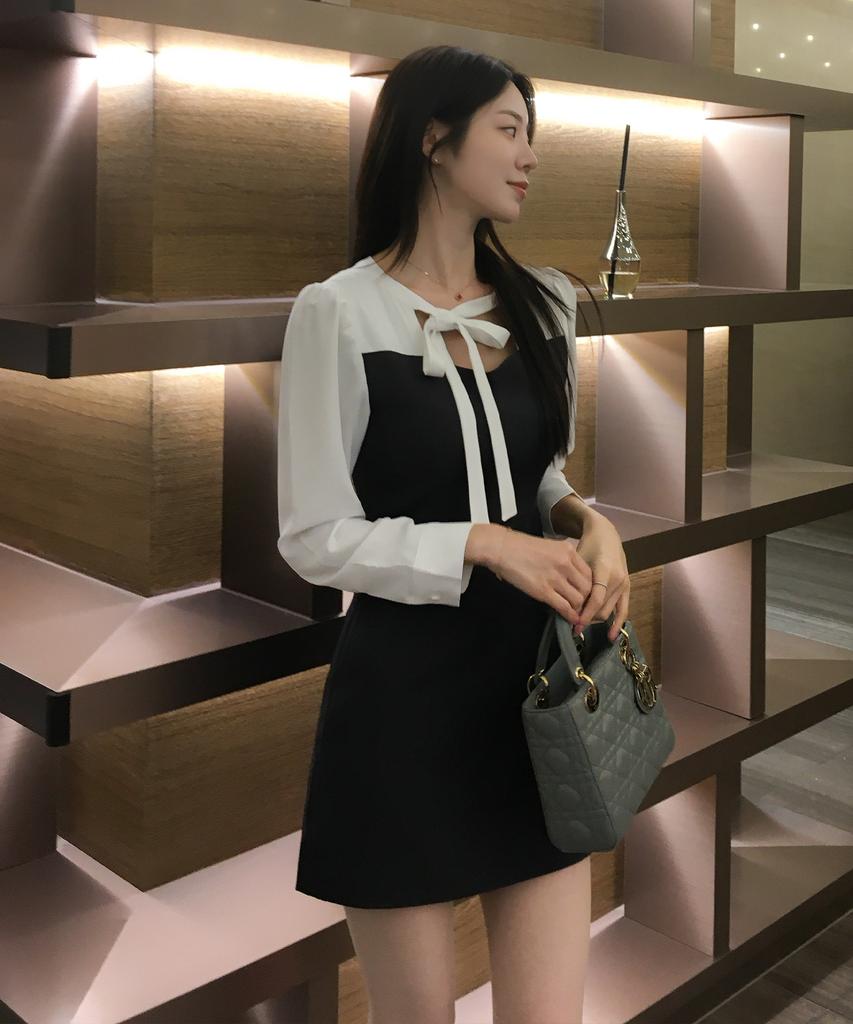 Neimkategoli Nina Color Block Ribbon Tie Dress_White