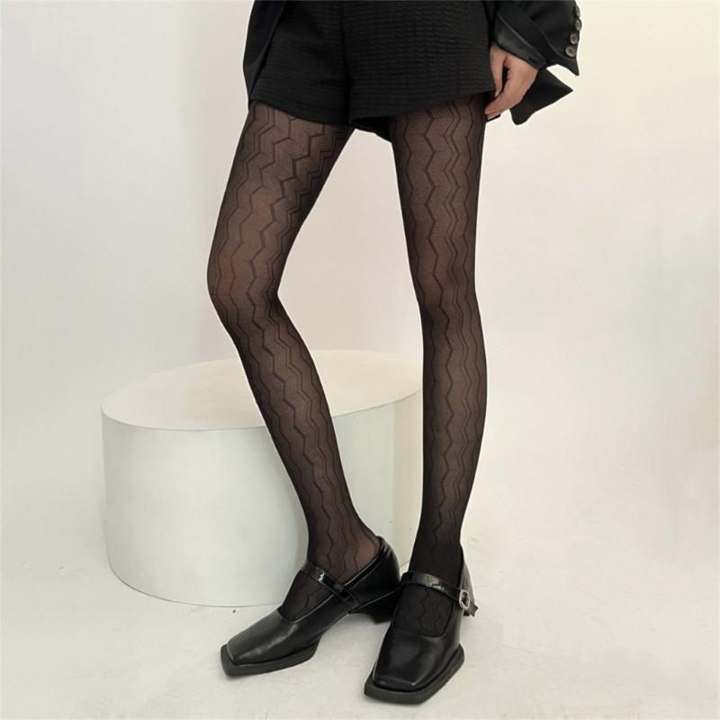Women Sexy Sheer Tights Vertical Striped Jacquard Patterned Fishnet Stockings Hollow-Out Mesh Black Pantyhose Leggings
