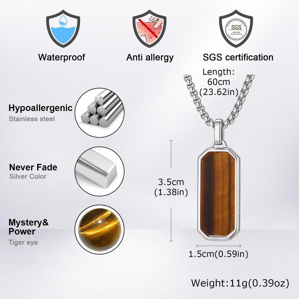 Small Dogtag Tiger Eye Stone Necklace for Men,Stainless Steel Silver Color Natural Stone Pendant,Punk Biker Jewelry Gift