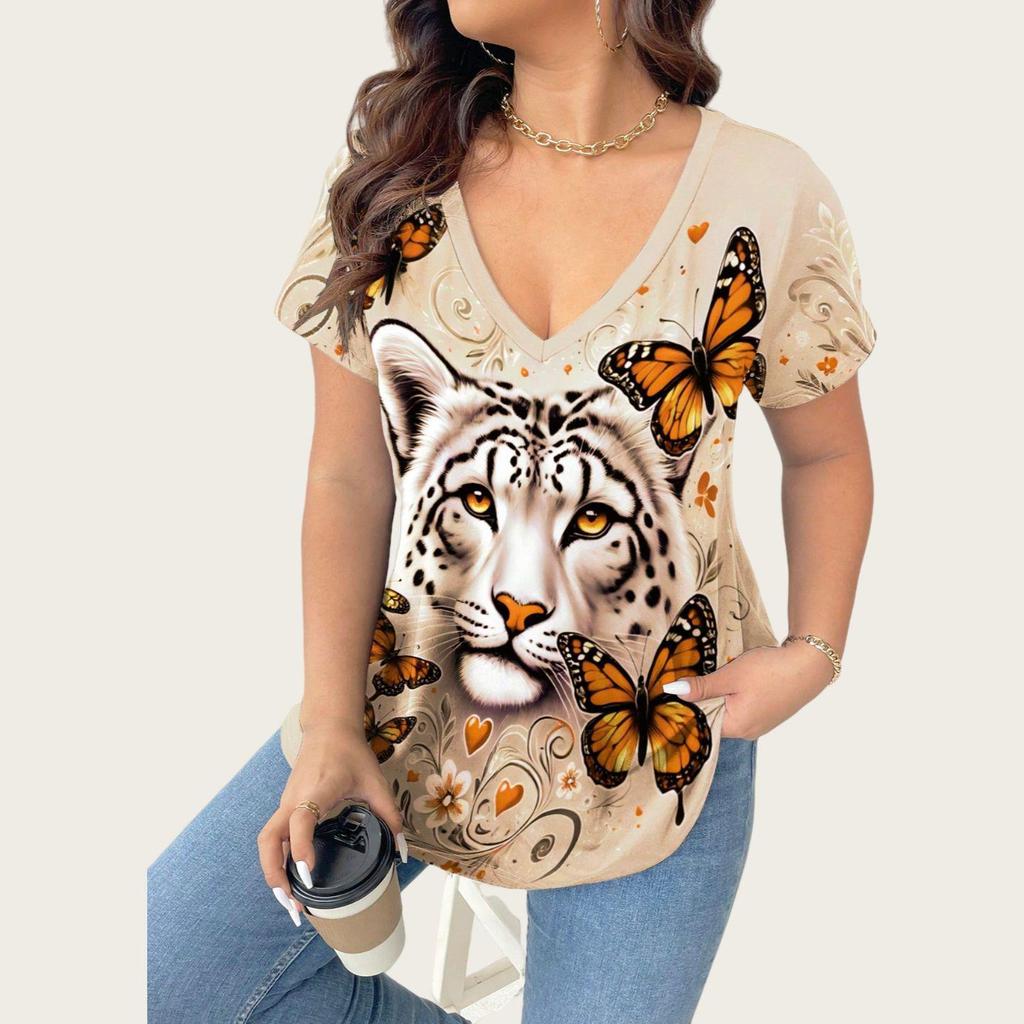 2025 Plus Size Women's V-Neck T-shirt with 3D Animal Print, Short Sleeves: European & American Style Casual Fashion
