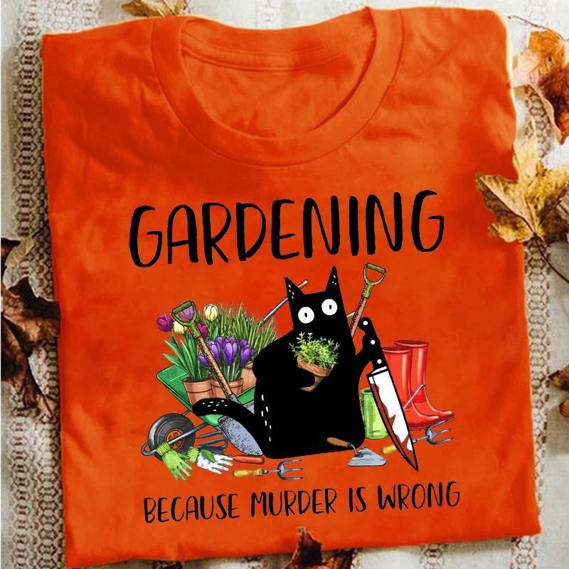 Summer Women Fashion T-shirts Funny Gardening Because Murder Is Wrong Black Cat Graphic T-Shirt Vintage Ladies Tee Female Shirt