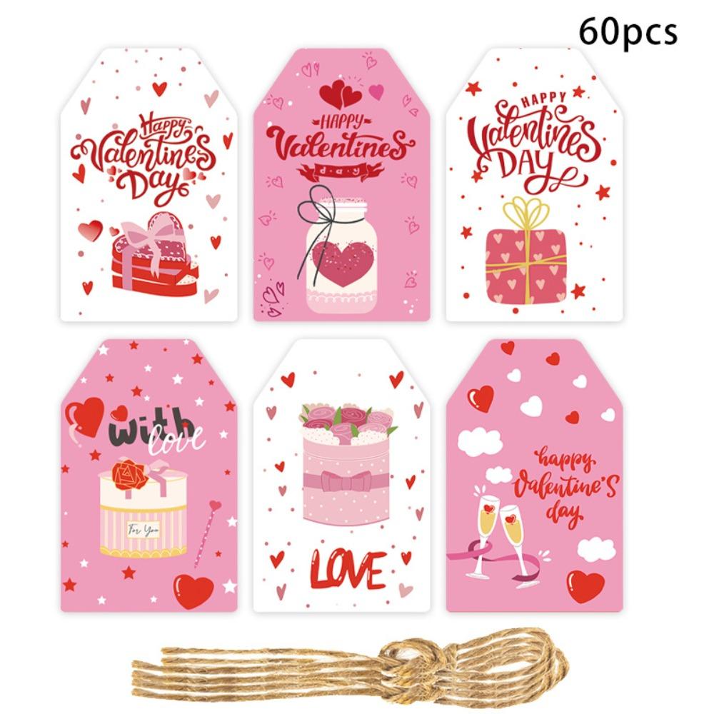 60pcs 6 Styles Valentines Day Gift Tags with String DIY Gift Packaging Labeling Romantic Hanging Party Labels Home Decor
