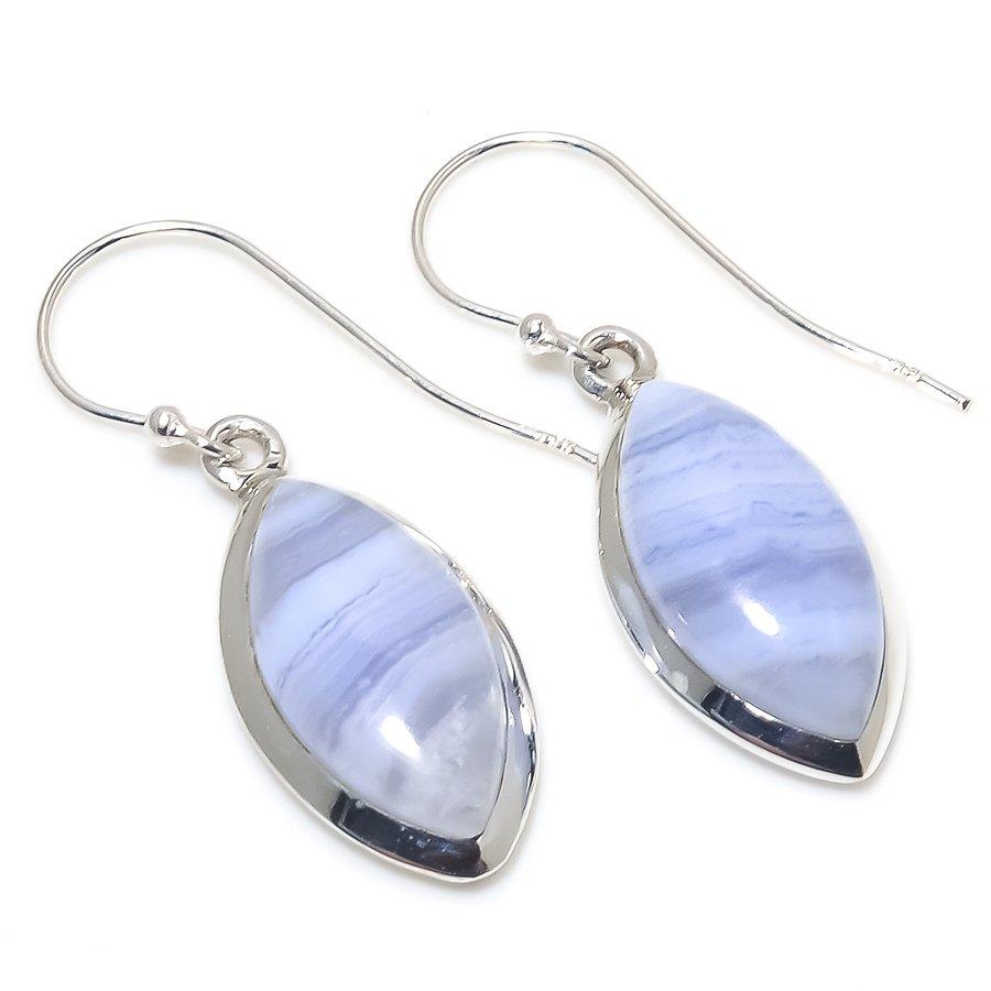 Piatră prețioasă Achat Albastru Dantelat Natural Cercei din Argint Sterling Solid 925 1.50" T8R01