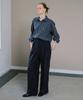 AHWE Belted Striped Double-Pleat Wide Slacks_Navy