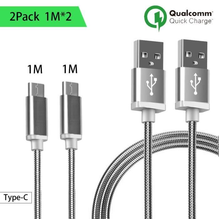 Câble USB Type C - Non spécifié - Lot de 2 - 1M - Argenté - Compatible avec plusieurs smartphones