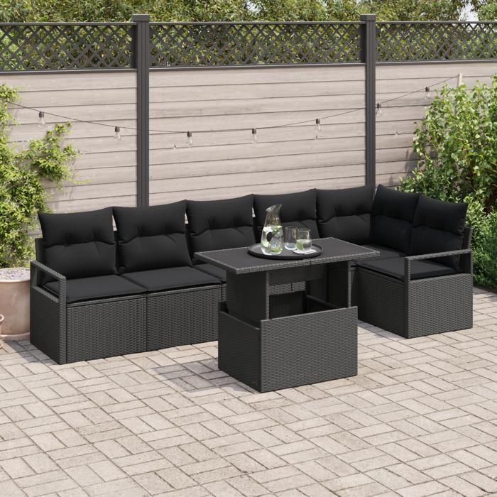 Ensemble de Canapé de Jardin 7 Pièces avec Coussins en Rattan Noir, Canapé de Jardin 2 Places avec Rangement & Coussins en 3357576