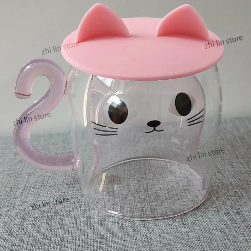

Cute Double Walled Coffee Cat Mug with Handle Kawaii Cat Presents Glass Mugs with lid Tea Cup Cute Birthday Gifts for Cat Lovers 301-400ml рожевий