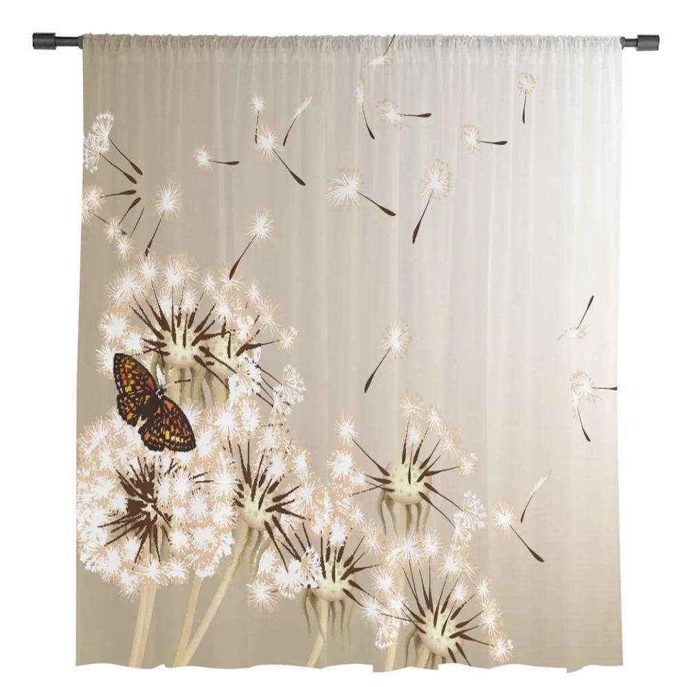 Dandelion Butterfly Flower Plant Chiffon Sheer Curtains for Living Room Bedroom Decoration Window Voiles Tulle Drapes Curtain