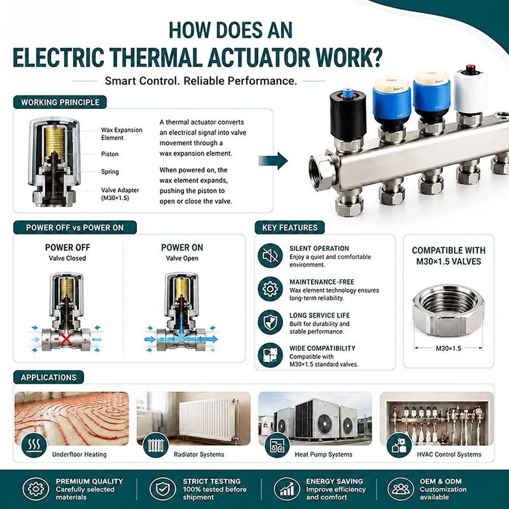 Paraffin Wax Drive Electric Thermal Actuator Automatic Shutoff Design M30x1.5 Standard Connection Tool-free Installation