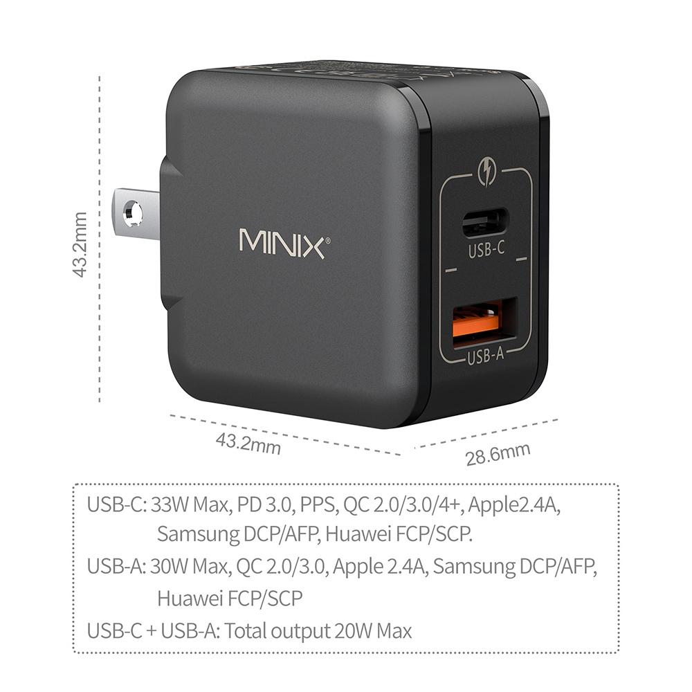 MINIX p1 Mini 33W 2-Port GaN Wall Charger with Multi-Protection Safety System