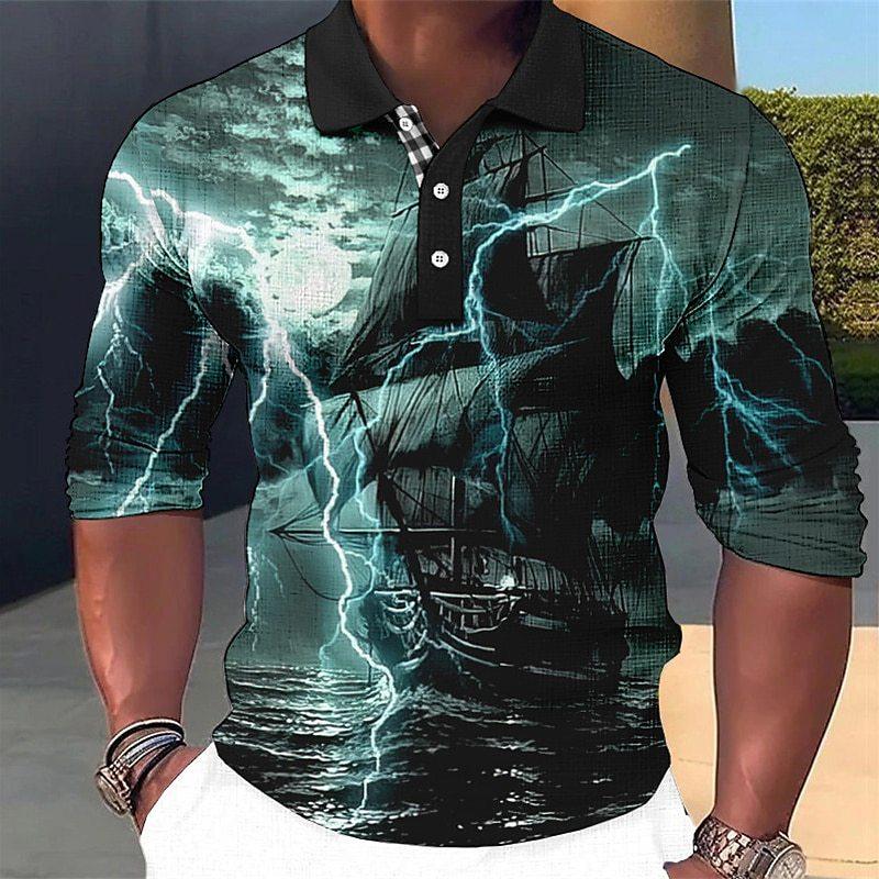 Long Sleeve Polo Shirt with Snowflake Print, Trendy Casual Top for Men