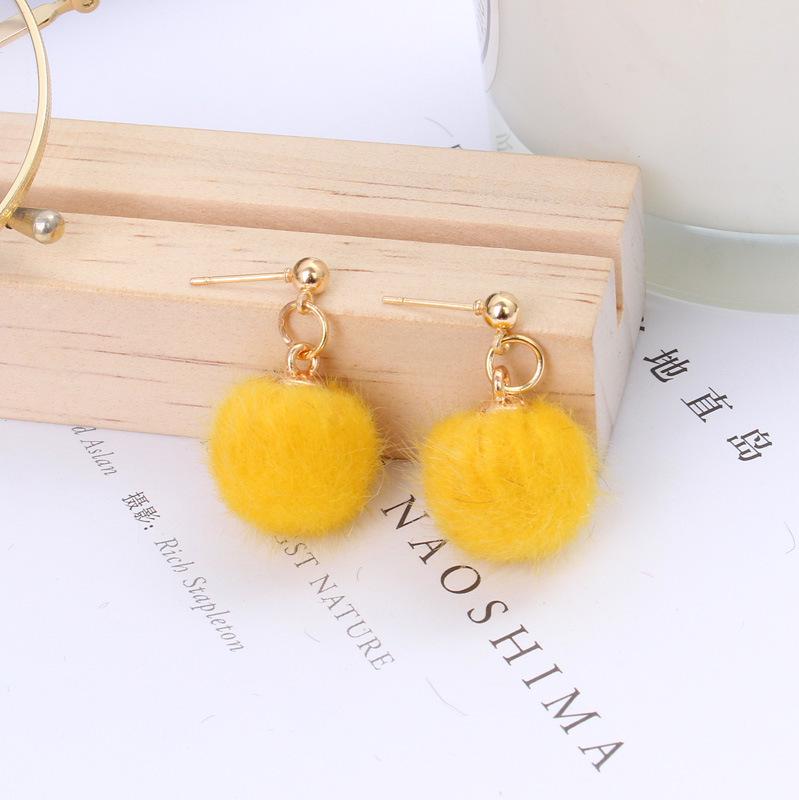 Yellow Collection: Trendy Korean-Style Bright Yellow Pompon Fabric Stud Earrings - Energetic, Fashionable, and Versatile Long Earrings