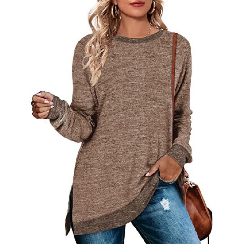 2026 New Long-Sleeve Round-Neck Color-Block Slit Top for Women, Loose Casual Pullover T-Shirt