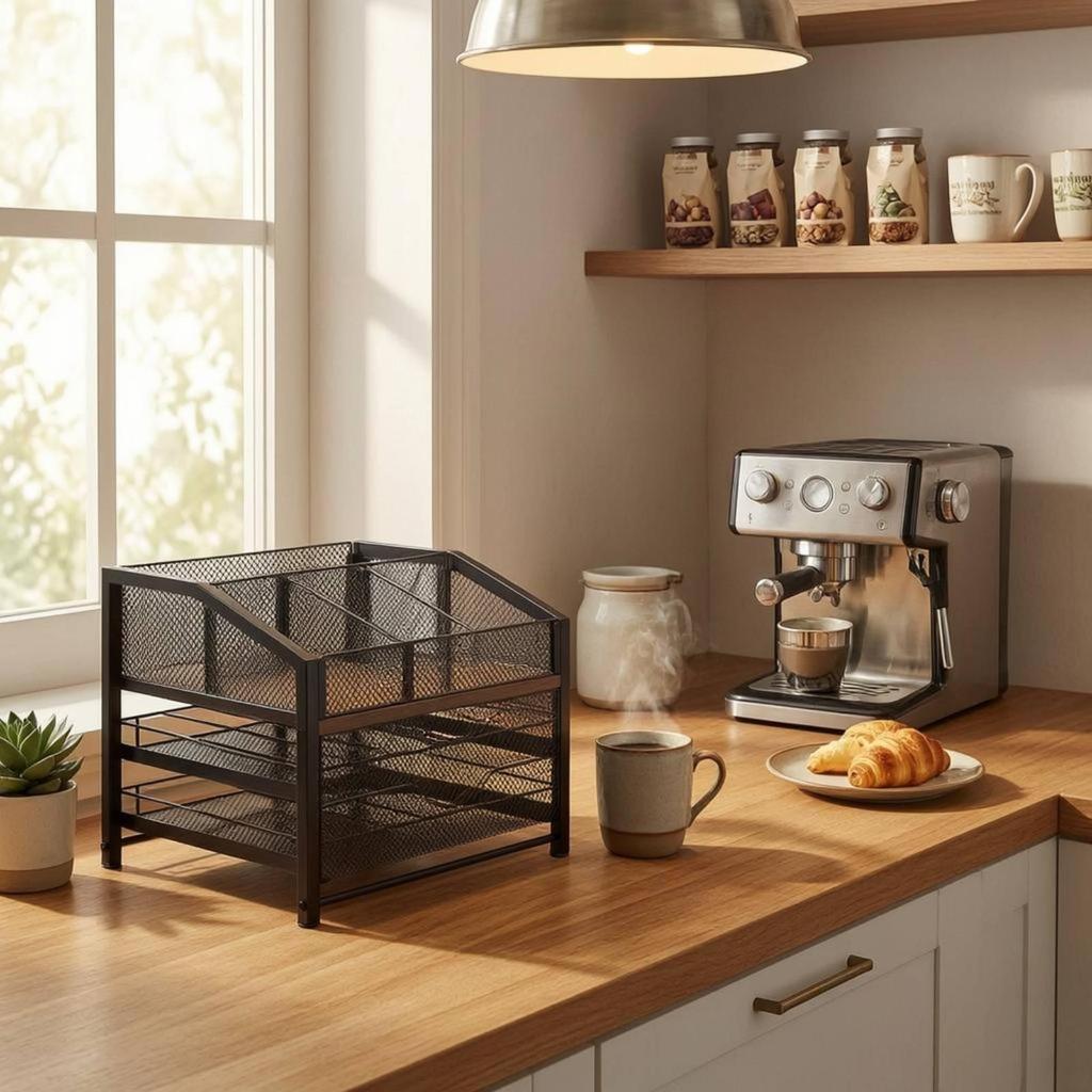 Three-Tier Mesh Rack Wood-Tone Coffee Condiment Organizer Compact
