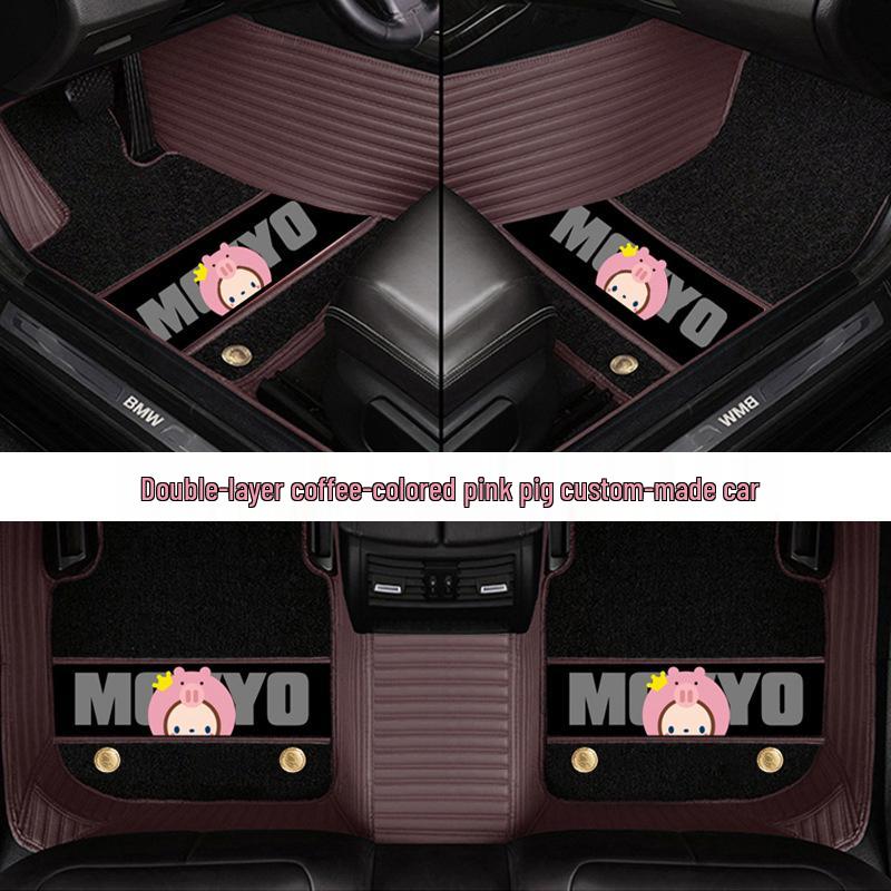 Custom Leather Car Floor Mats for Women - Cartoon Design, Double-Layer, Full Coverage
