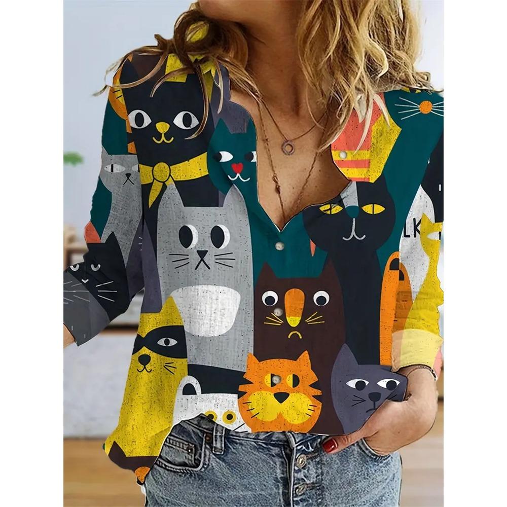 Fashion Flower Cute Cat Pattern 3D Print Women's Long Sleeves Shirt Autumn Animal Women's Holiday Shirt Women's Clothing