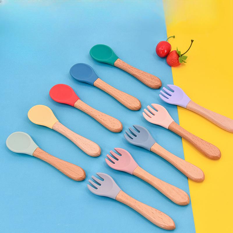 Children's Wooden Handle Fork Spoon Baby Feeding Hot SpoonInfant Training Tableware
