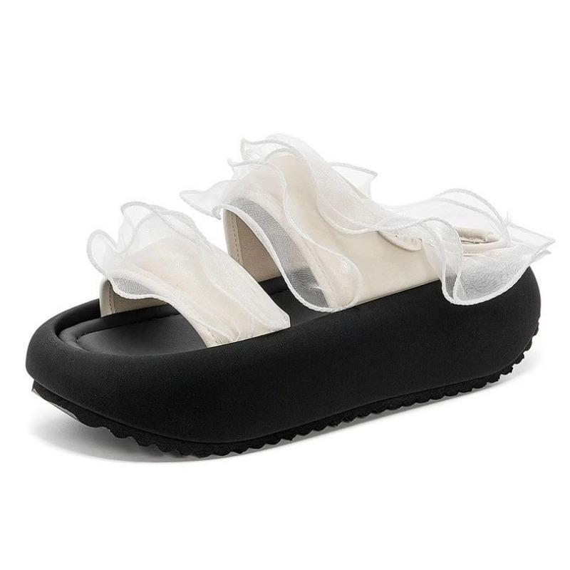 

Lace lace one-word drag women s summer new thick-soled retro outer slippers heightened small cool slippers 40