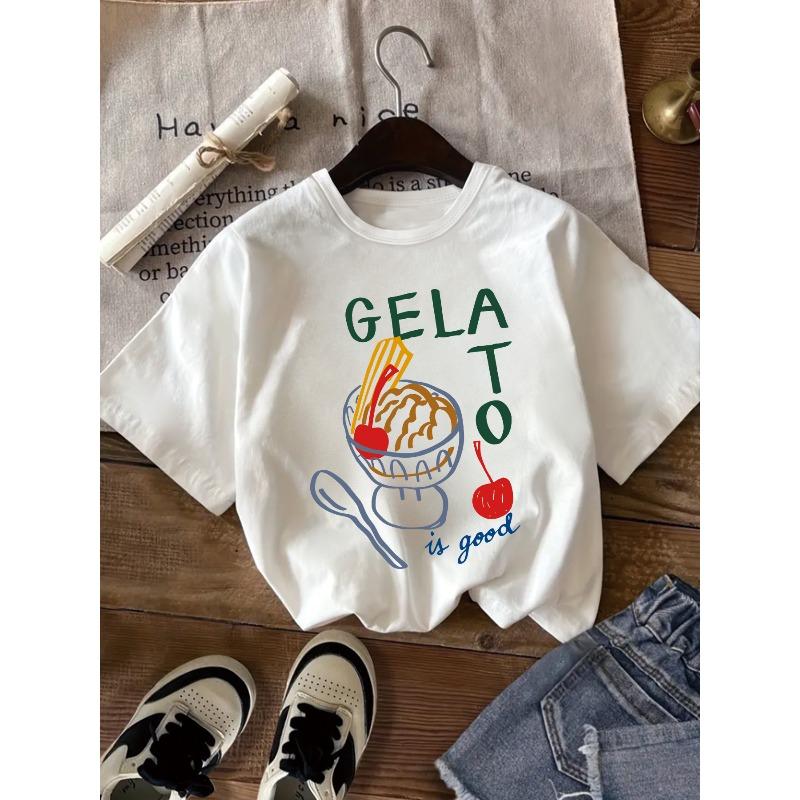 European sizes Girls Fashion T-shirt, Ice Cream and Letter Pattern Printed T-shirt, Italian Ice Cream Is Awesome 110