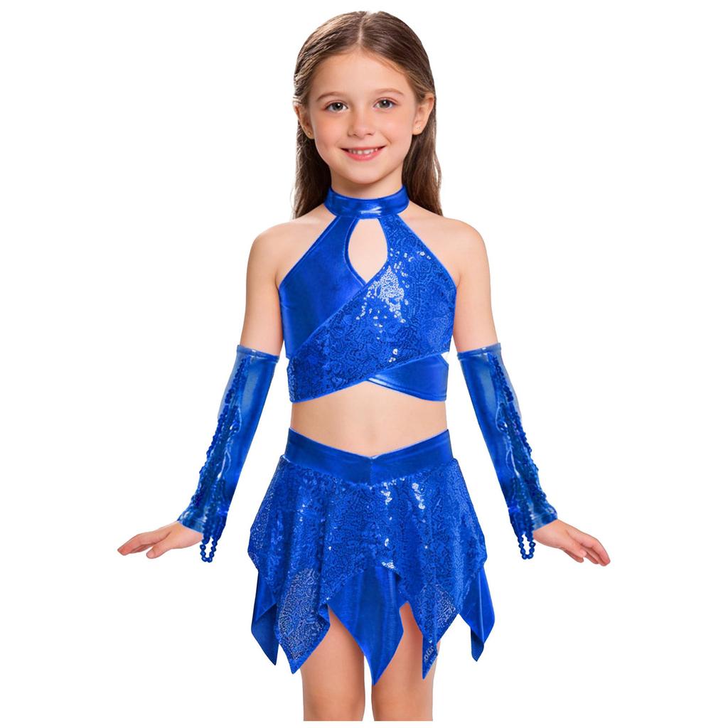 Dívčí kostým pro jazzový tanec s křížovým výstřihem, třpytivými flitry, metalickým zkráceným topem a asymetrickou sukní