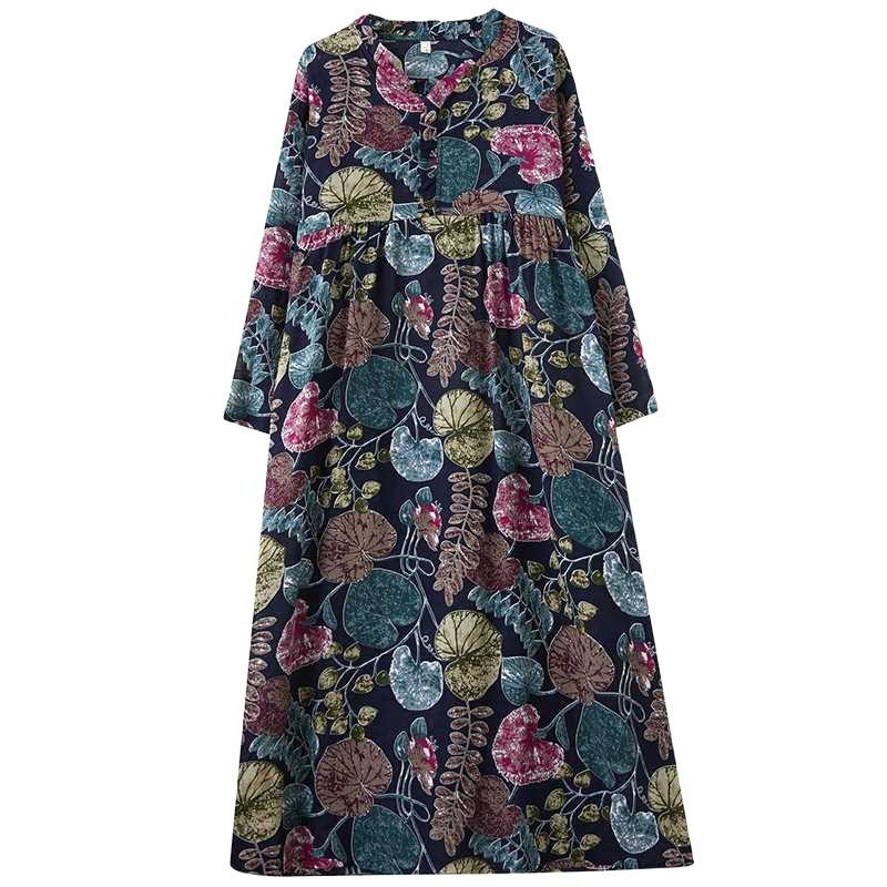 Real Spring and Summer New Retro Cotton and Linen Printing Loose Casual Fungus Lace Collar Long-sleeved Big Swing Dress