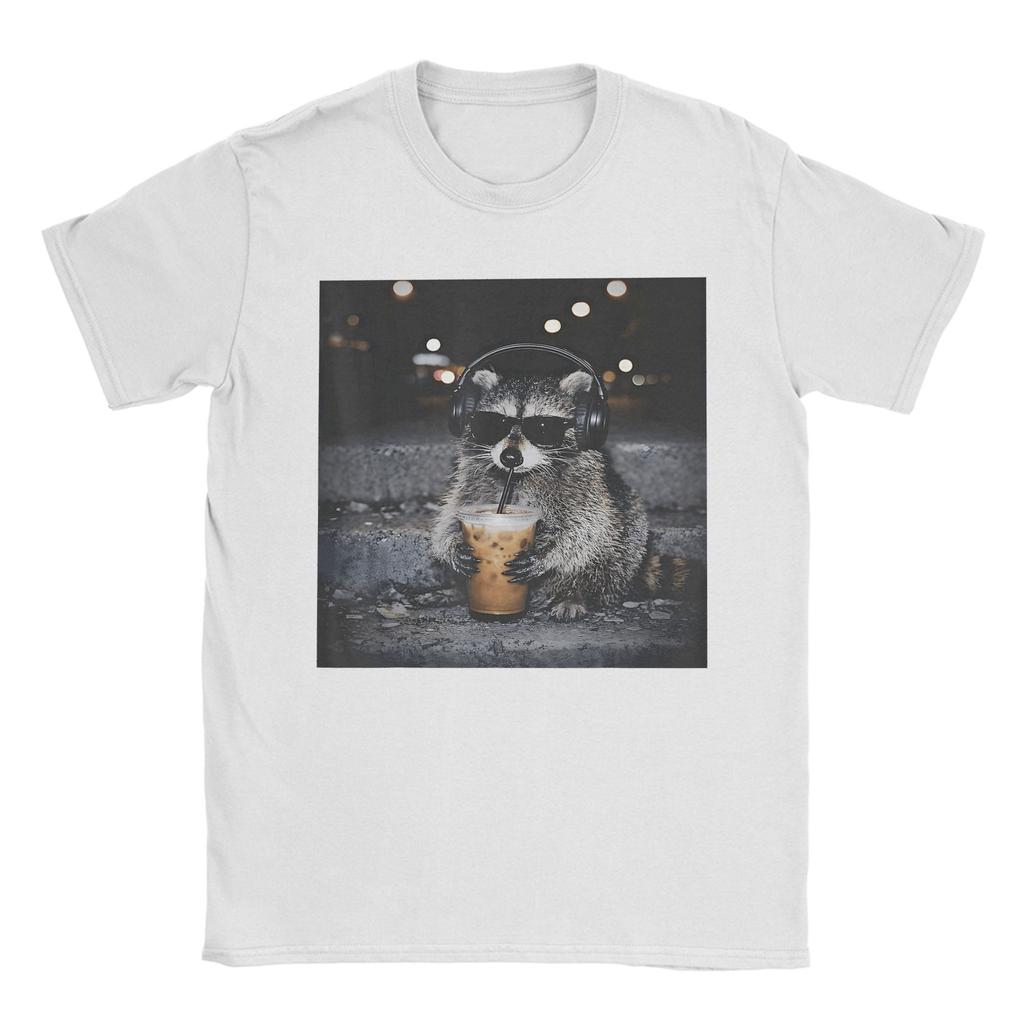 Raccoon Drinking Iced Coffee Funny Animal Meme TShirt Summer Pure Cotton TShirts For Unisex Fashion Design Tshirt Short Sleeve