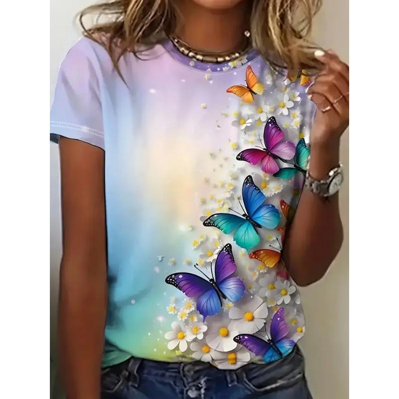 Summer Round Neck Women's T-shirt Fashionable 3D Flower Print Short Sleeved Casual Top Y Street Women's Clothing