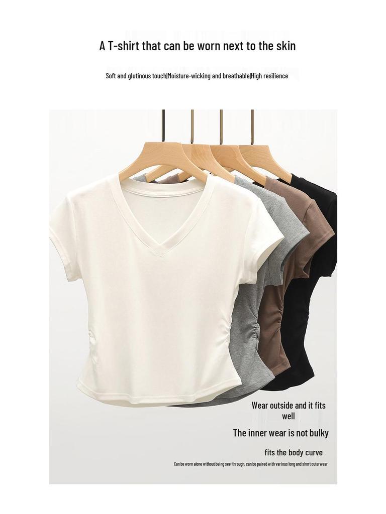 Women's Slim-fit V-Neck Short Sleeve T-shirt - Summer Style Waist-Cinching, High-End Niche Fashion