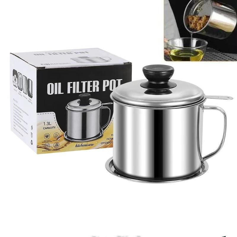 Pot Conteneur Pichet de Rangement en Acier Inoxydable avec Filtre avec Base Pot à Huile de Cuisson pour Outils Ménagers de Cuisine