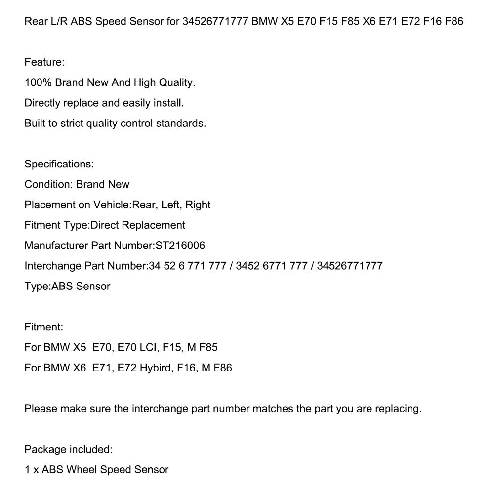 Areyourshop Rear L/R ABS Speed Sensor for 34526771777 BMW X5 E70 F15 F85 X6 E71 E72 F16 F86