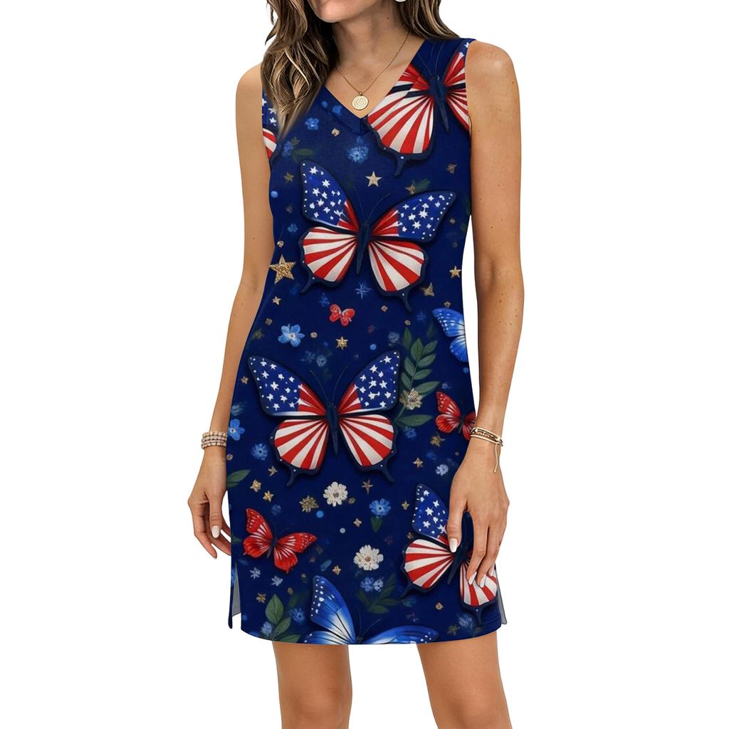 Flag Dress for Women Sleeveless Summer Floral Print Loose Fit Casual 4Th Of July Dresses for Women Red White Blue Dre