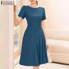 ZANZEA Womens Summer Round Neck Casual Short Sleeve Dress