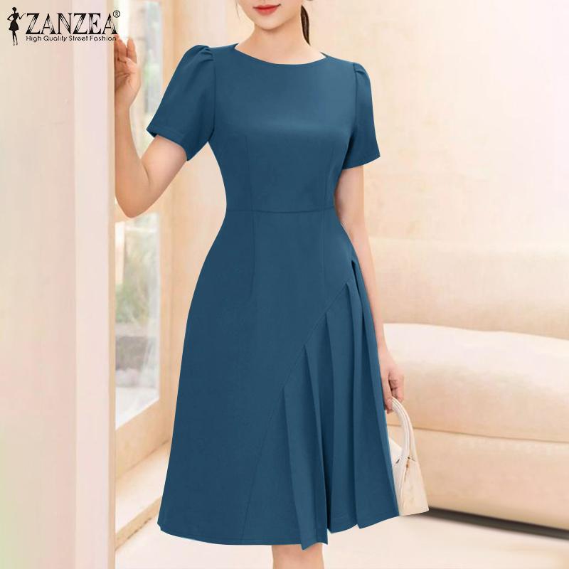 ZANZEA Womens Summer Round Neck Casual Short Sleeve Dress