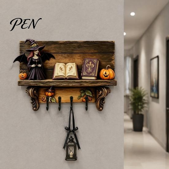 Halloween Party Atmosphere Decor Key Holder, Wooden Lady Ghost Holder with 4 Hooks, Wall Themed Art Mounted Spooky Rack Organizer for Entryway Hallway