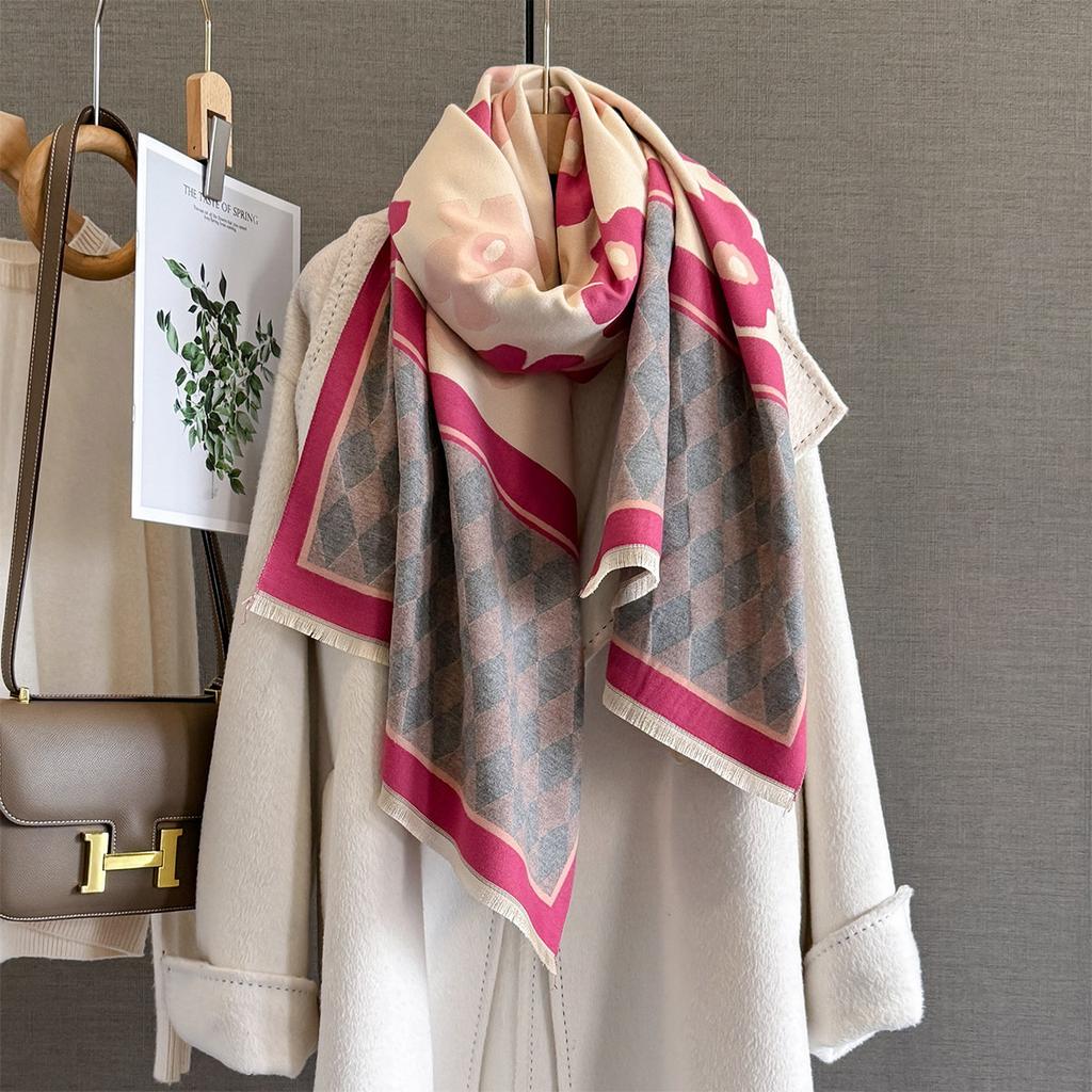 Autumn New Flower Printed Scarf Women's Imitation Cashmere Warm Multi-functional Scarf Temperament Versatile Large Shawl