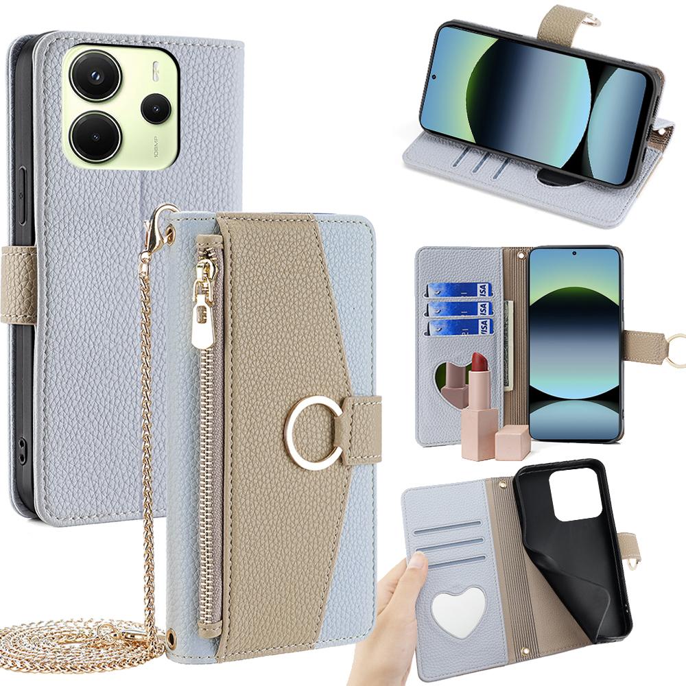 For Xiaomi Redmi Note 14 4G (163.25mm) Case Mirror Wallet Leather Phone Cover with Chain Shoulder Strap